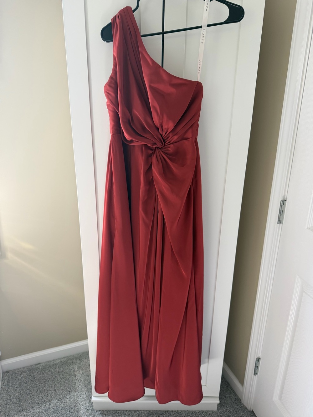 Azazie Brooke One-Shoulder Terracotta Satin Bridesmaid Dress